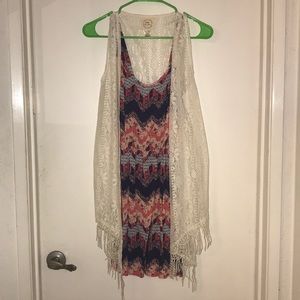 Colorful short dress & tank top, lace cardigan.